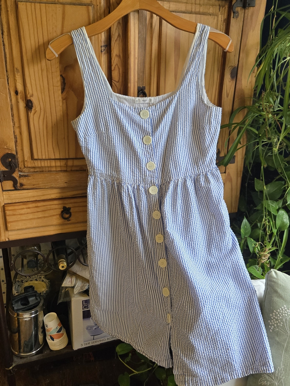 MNG Blue and White Striped Button-Up Dress